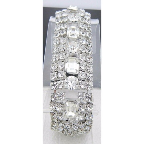Vintage Art Deco Style Rhodium Silver Tone Clear CZ Rhinestone Wide Bracelet (D) - Picture 3 of 7